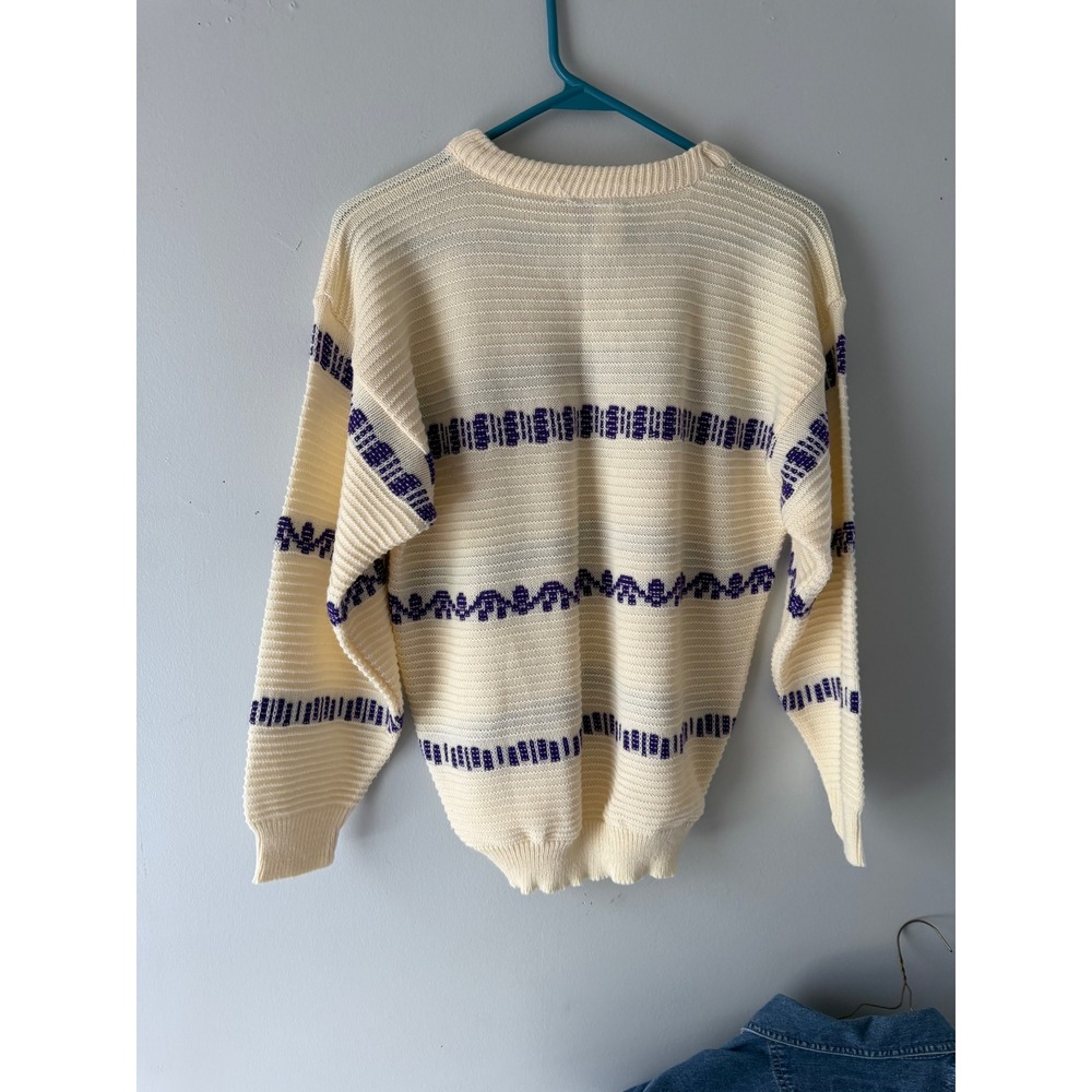 Vintage American Pride Crew Neck Knit Sweater Cream Purple Stripes Made in USA L - Picture 3 of 9